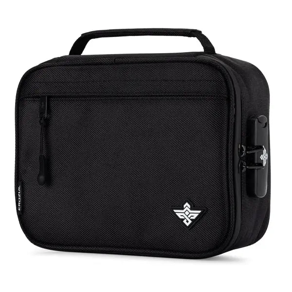 The Erozul Exodus v2 Smell Proof Case by Erozul is a black rectangular bag with a zippered front pocket, top handle, white lower right logo, TSA approved combination lock on the side, and an activated carbon lining for superior odor control.